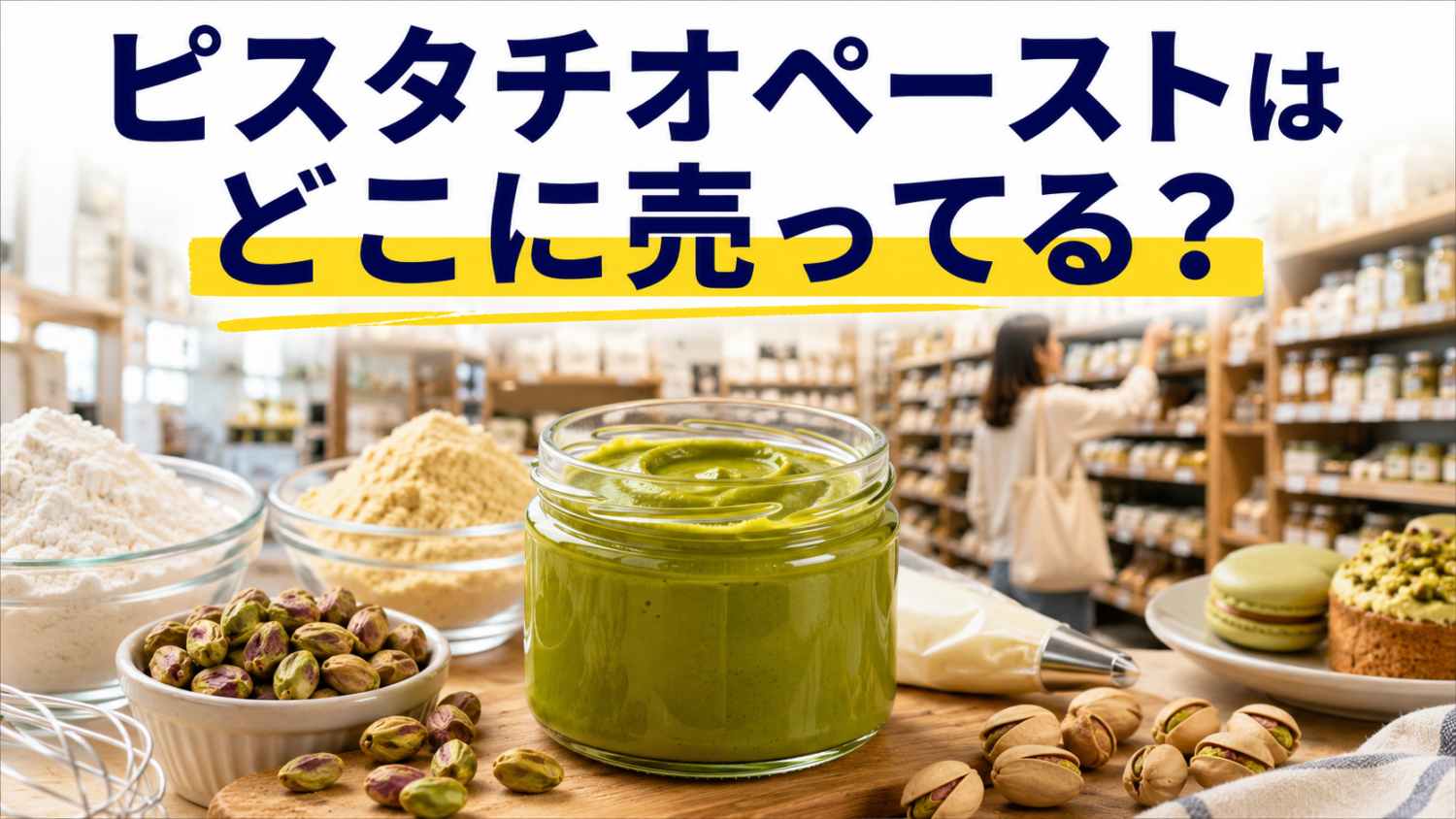 製菓材料店で緑色のピスタチオペーストを探す買い物客と、瓶入りペーストを中心に描いた画像