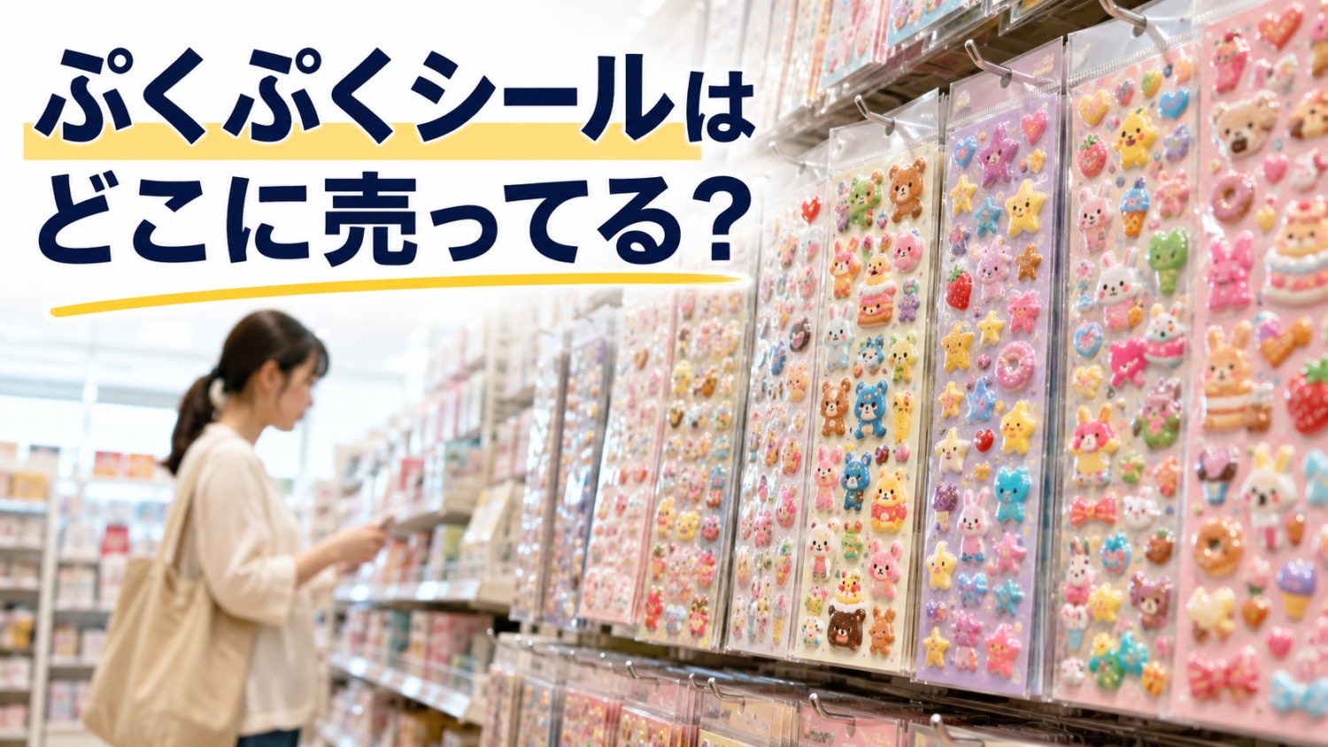 文具店の売り場でカラフルな立体シールを探す様子