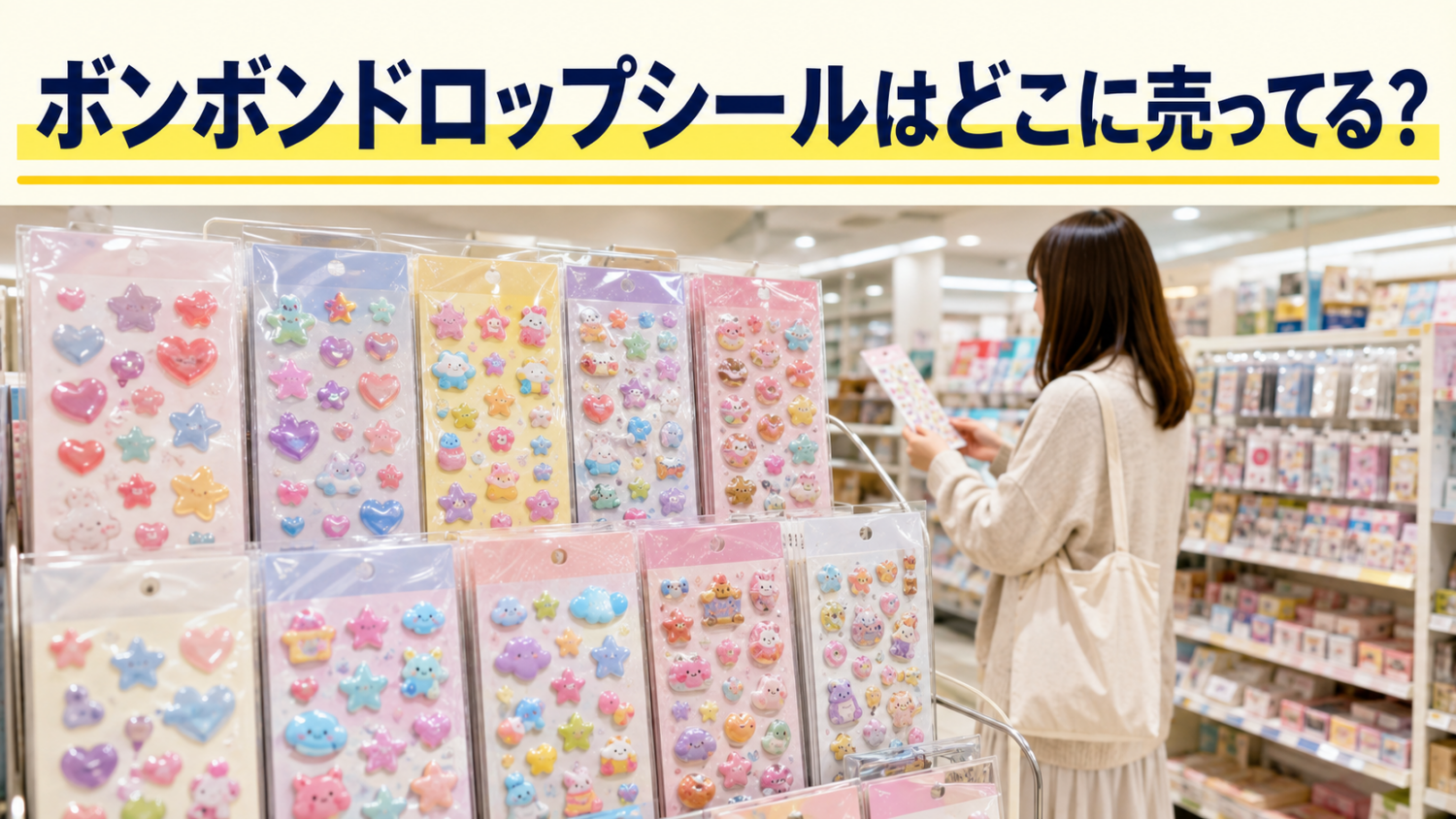 文具売場でカラフルなぷっくり立体シールを探す買い物客