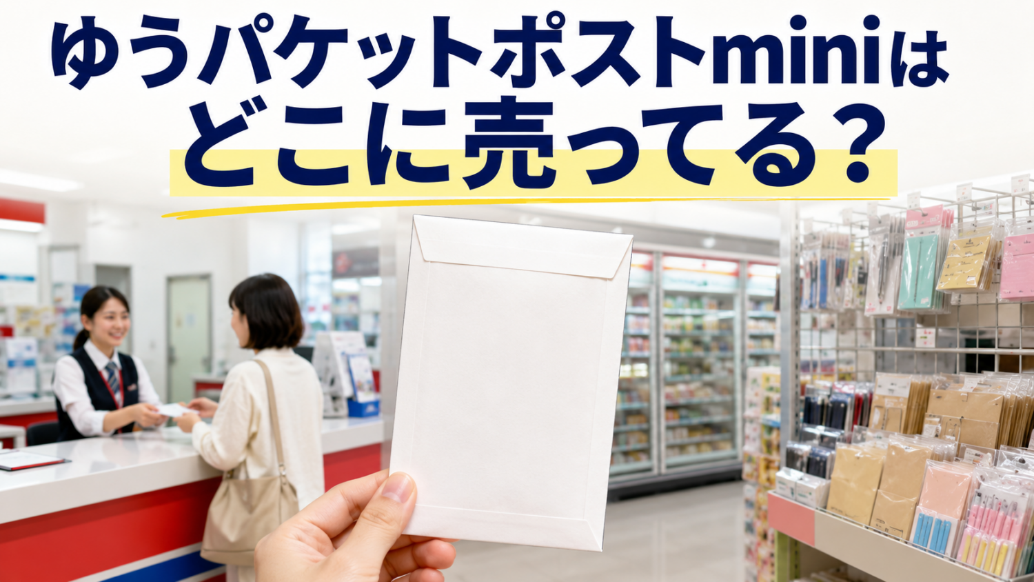 ゆうパケットポストmini専用封筒を中心に郵便局や店舗での購入をイメージした場面