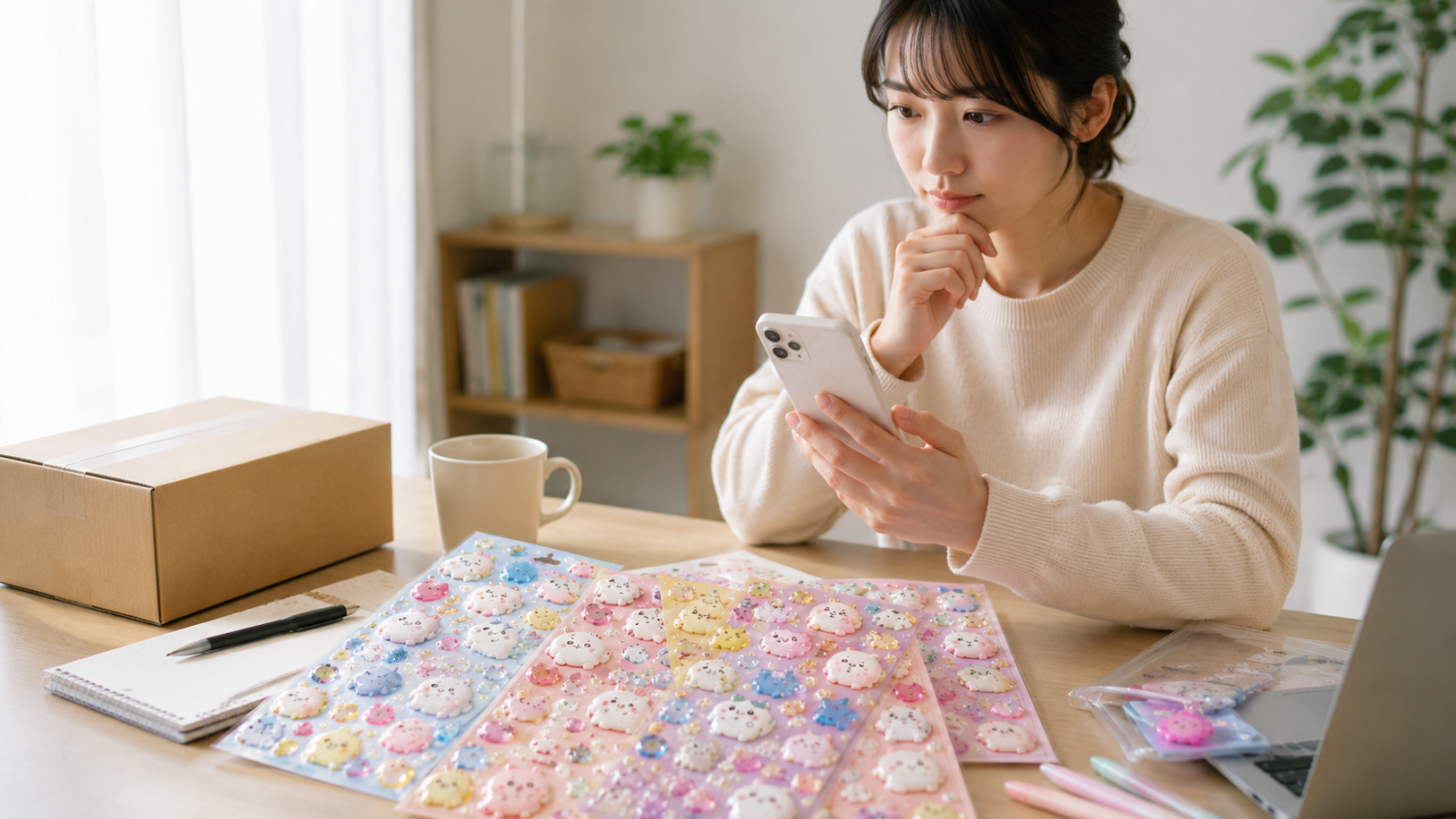 カラフルなぷっくりシールを机に並べてスマートフォンで購入先を比較する人物