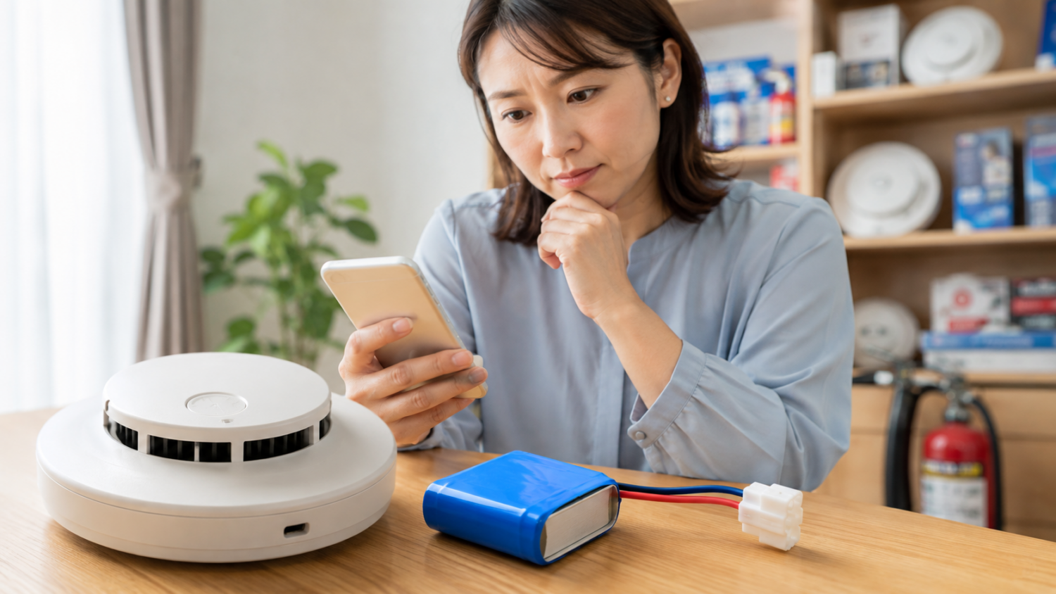 住宅用火災報知器と専用コネクタ付き電池を前にスマートフォンで購入先を探す人物