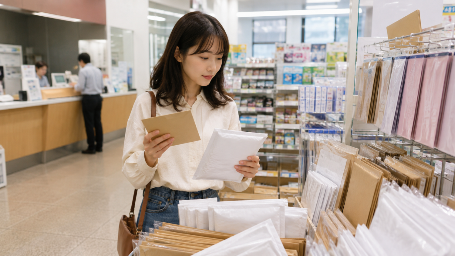 郵便局や小売店の梱包用品売り場で専用封筒を探す買い物客
