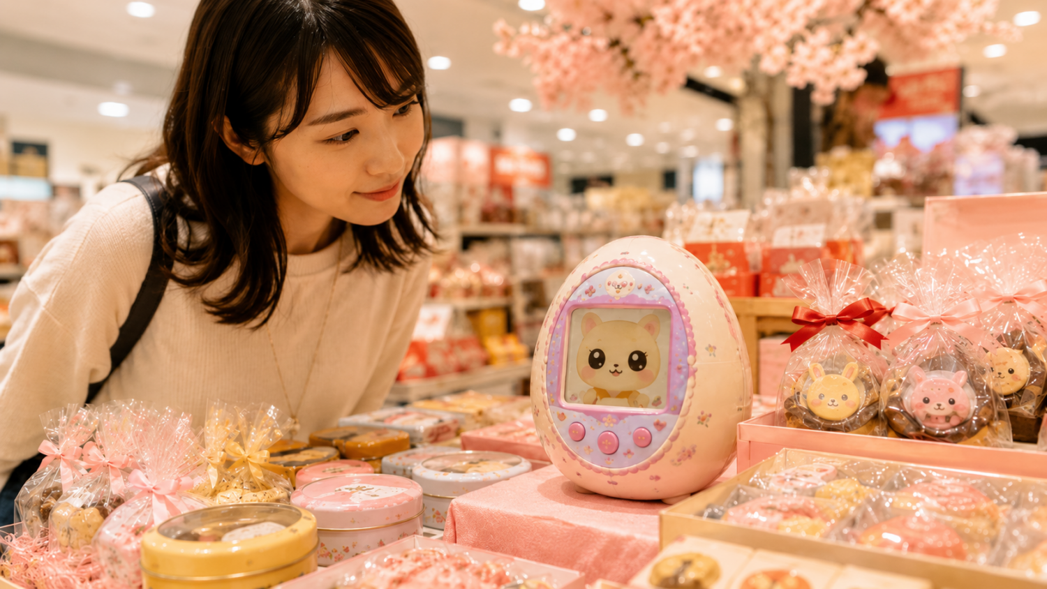 大型店の季節菓子コーナーで、たまごっち型のチョコ缶を探す買い物客の様子