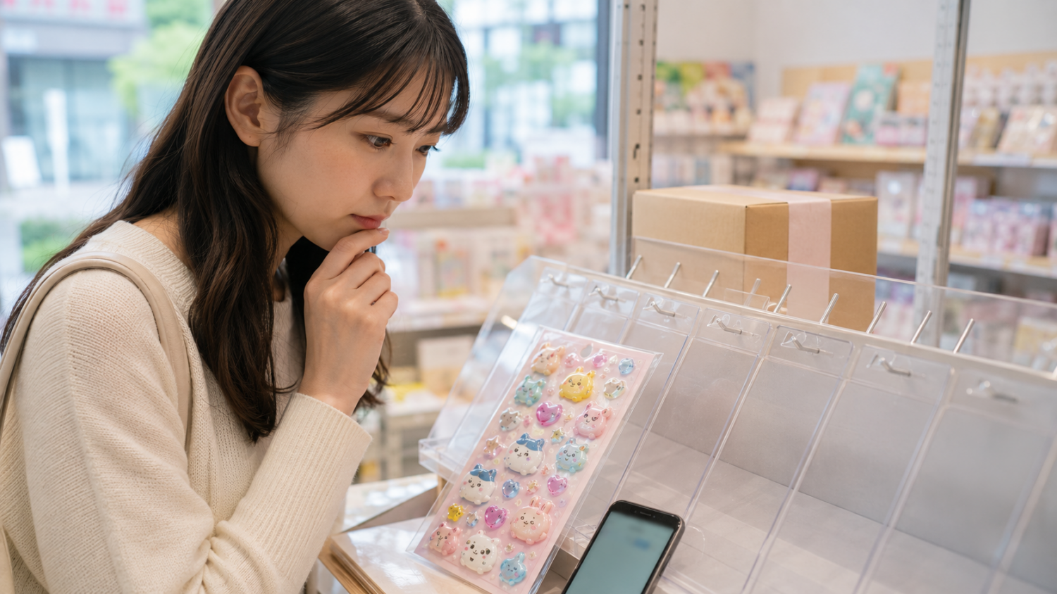 残り少ないシール売場を前にスマートフォンで在庫や再入荷を確認する人物