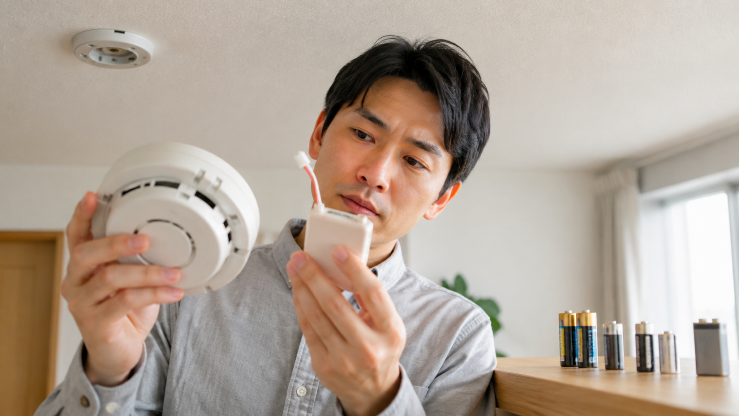 火災報知器に合う専用電池のコネクタを確認しながら似た電池との違いを確かめる人物