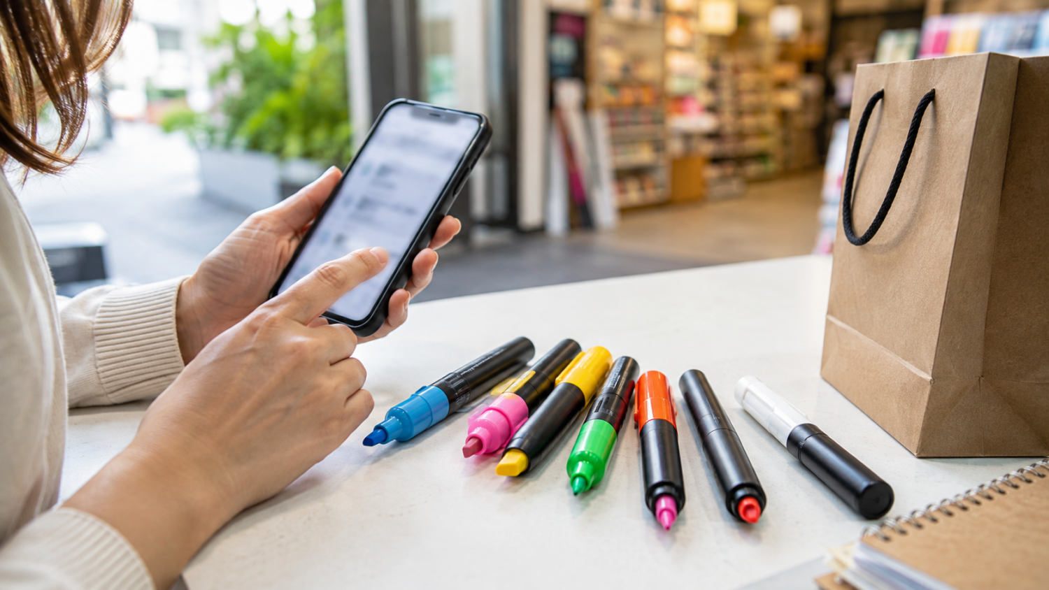 スマートフォンで店舗在庫を確認しながら色や太さの違うポスカを選ぶ様子
