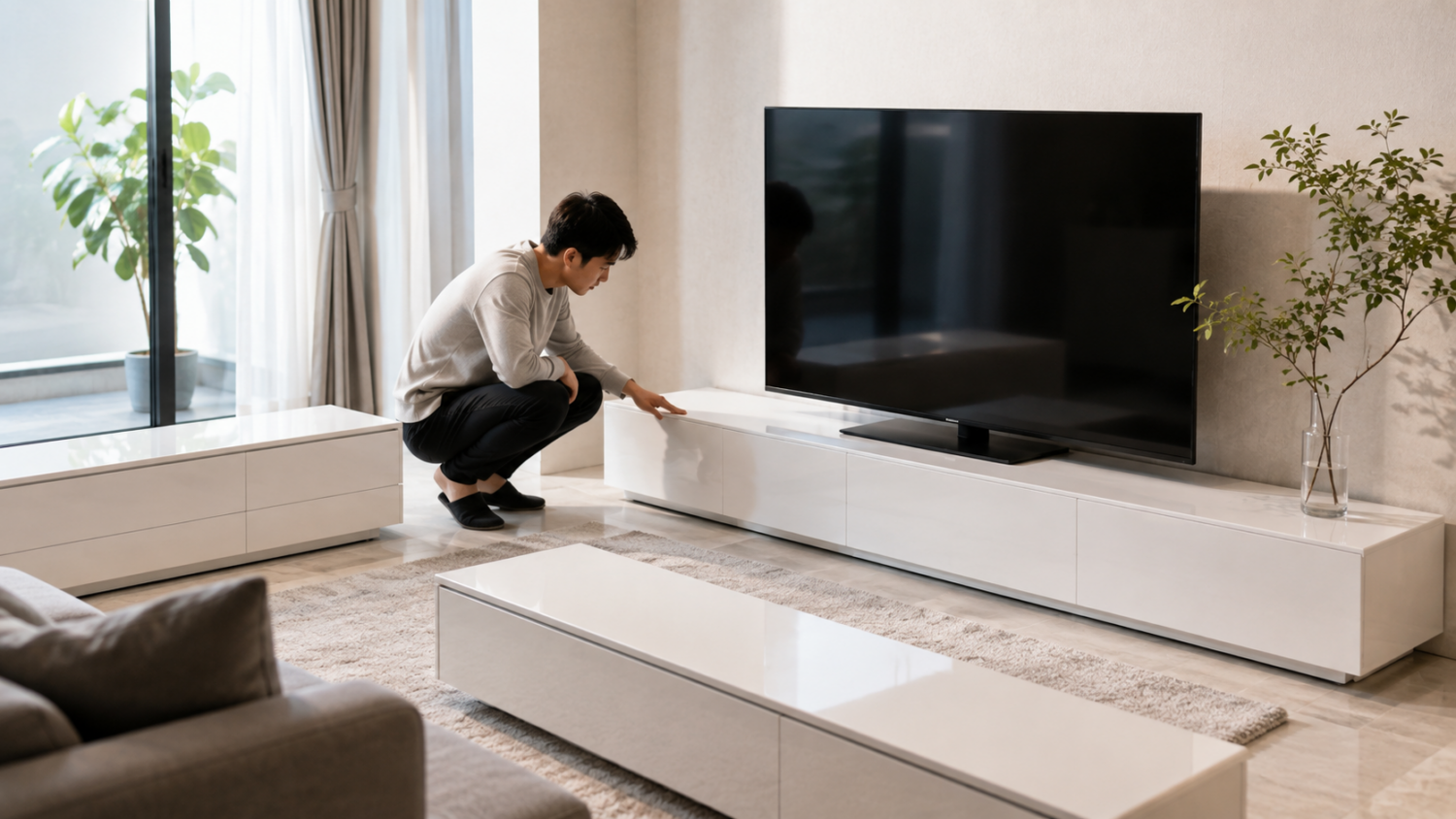 モダンなリビングで複数の白い横長テレビボードを比較して選ぶ人物