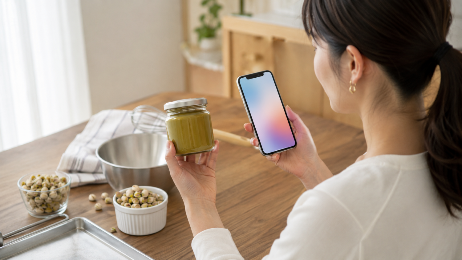 ピスタチオペーストの瓶を手元に置き、スマートフォンで店舗在庫を確認する買い物客