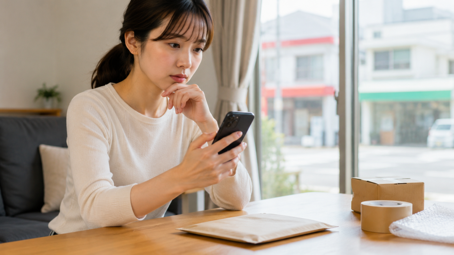 専用封筒の在庫をスマートフォンで確認しながら購入先を探す人物
