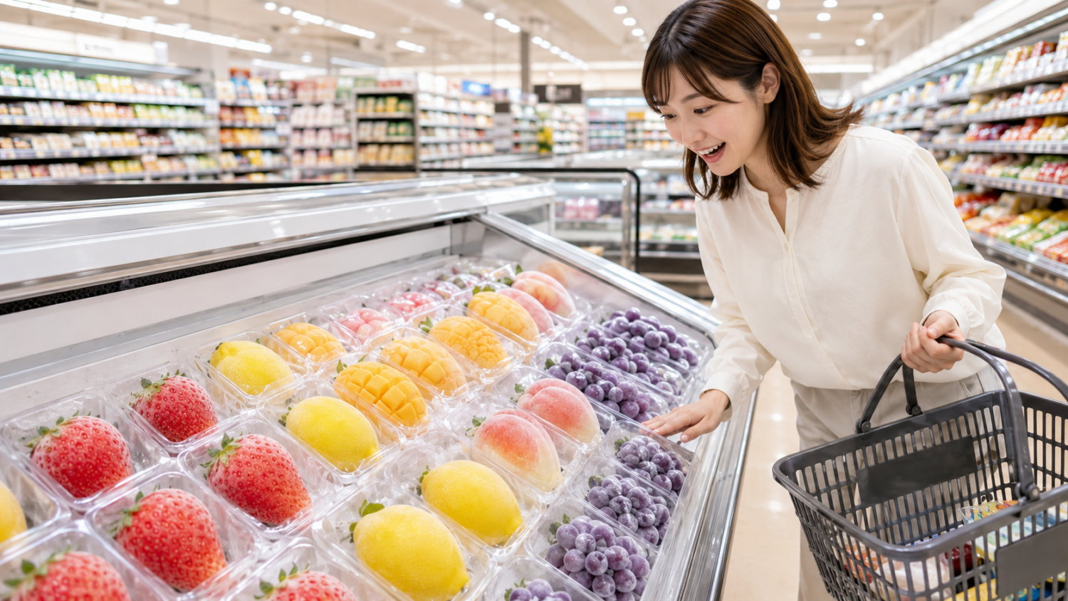 コンビニ風の冷凍ケース、大型スーパー、量販店の売り場で3Dアイスを探す場面