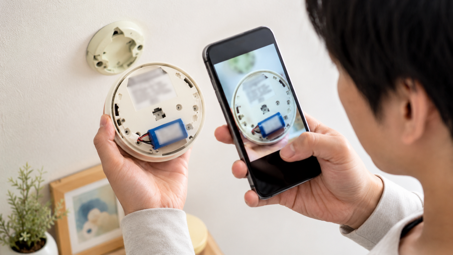 取り外した火災報知器と専用電池の情報をスマートフォンで撮影して確認する人物の手元