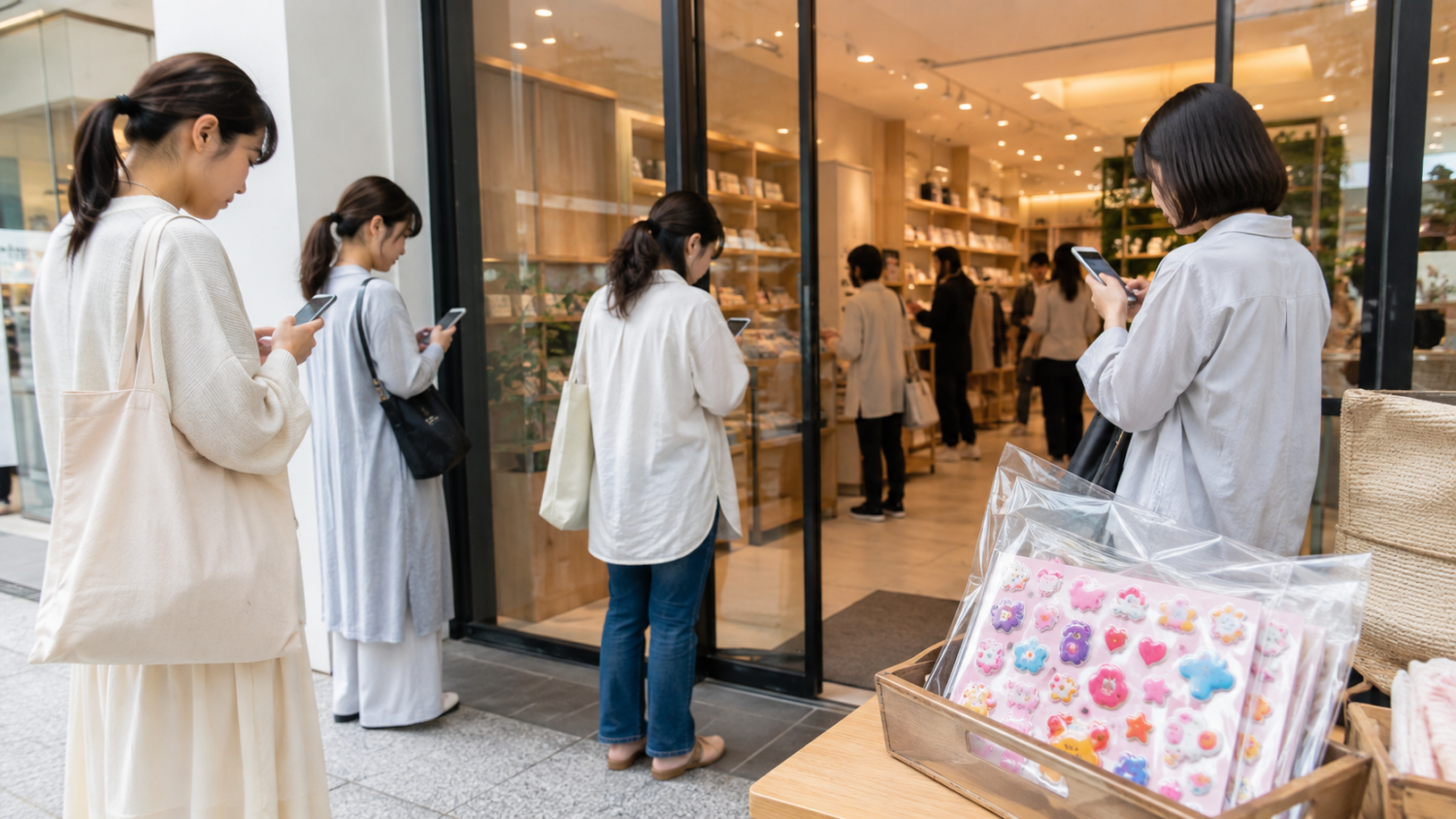 人気の立体シールの限定販売をスマートフォンで確認する買い物客
