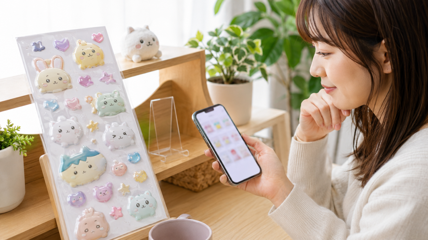 ぷっくりキャラクター風シールを横に置きスマートフォンで公式通販の再入荷を確認する人物
