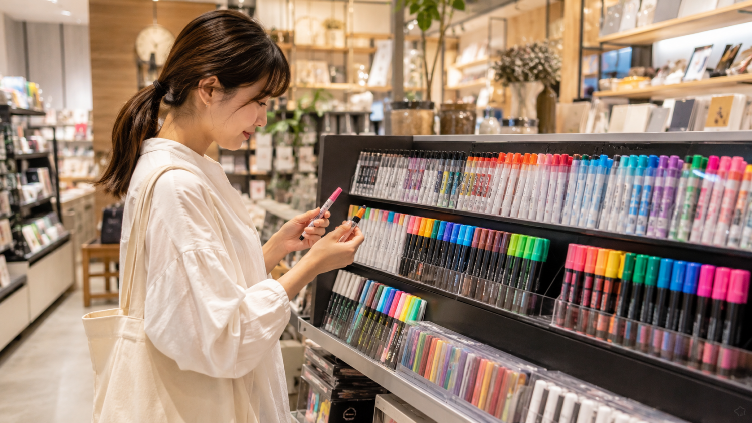 品ぞろえの多い生活雑貨店の文房具売り場で複数種類のポスカを比較する人
