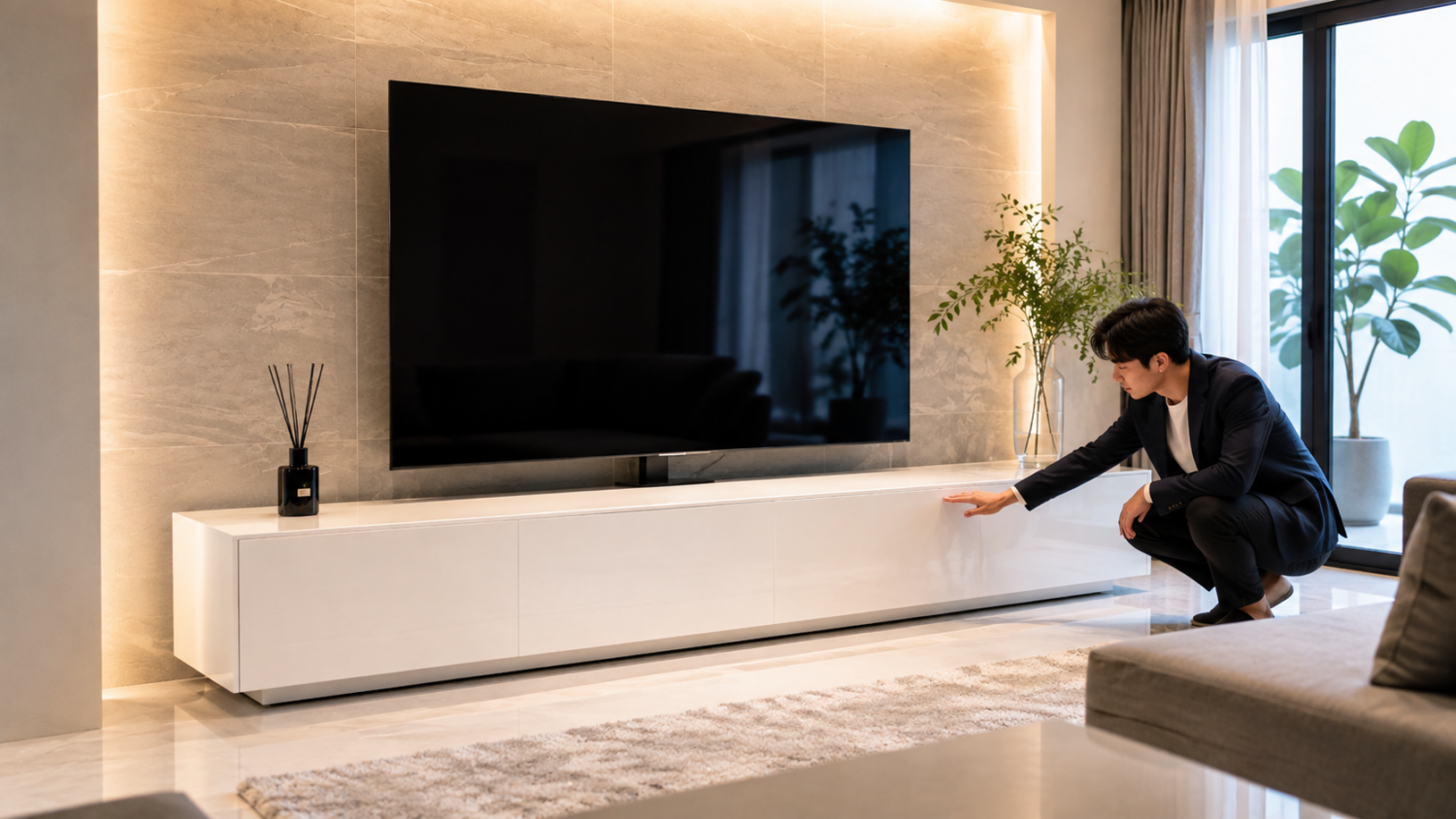 高級感のある白いテレビボードの光沢や仕上げを近くで確認する人物