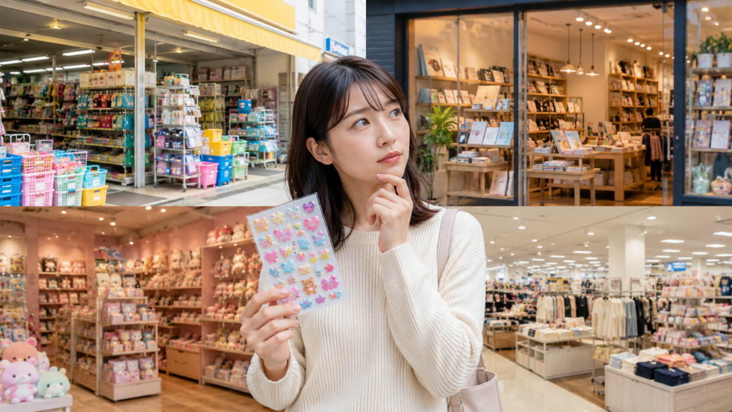 立体シールを手に複数の販売店候補を見比べる買い物客