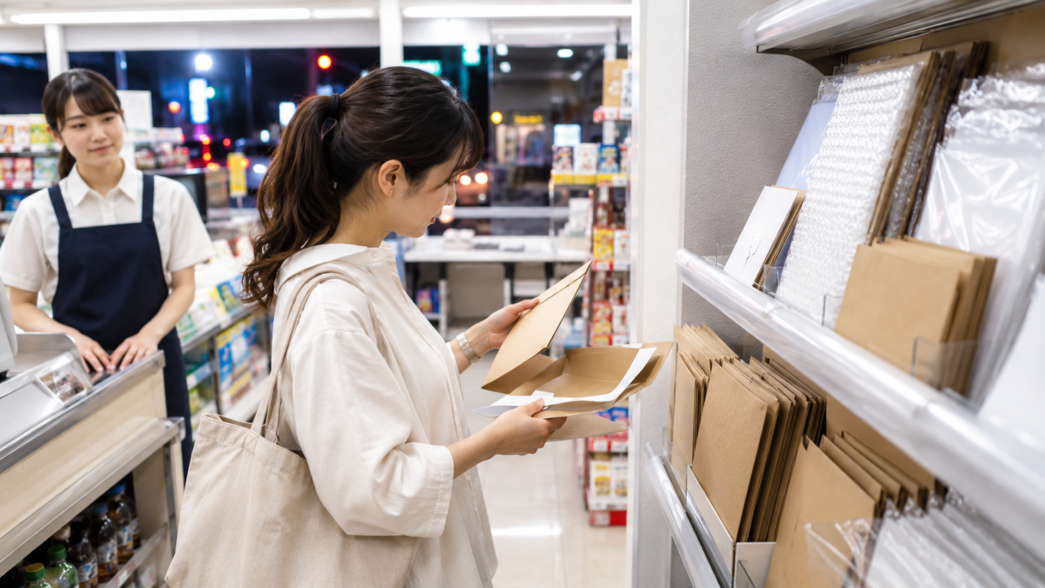 夜のコンビニで梱包用品売り場から小型の専用封筒を探す買い物客