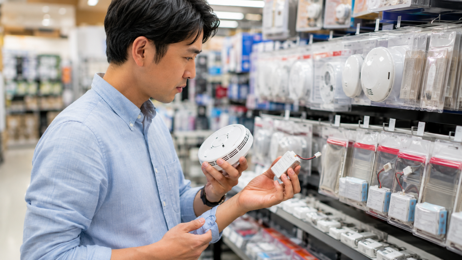 家電量販店で火災報知器と専用コネクタ付き交換用電池を見比べて選ぶ人物