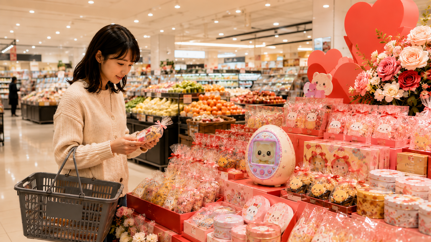 大型スーパーの季節菓子特設コーナーで、たまごっち型のチョコ缶を探す買い物客

