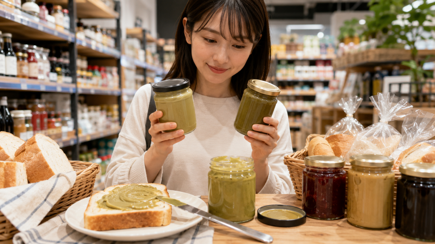 輸入食品店のスプレッド売り場で、パンに塗るピスタチオスプレッドを確認する買い物客