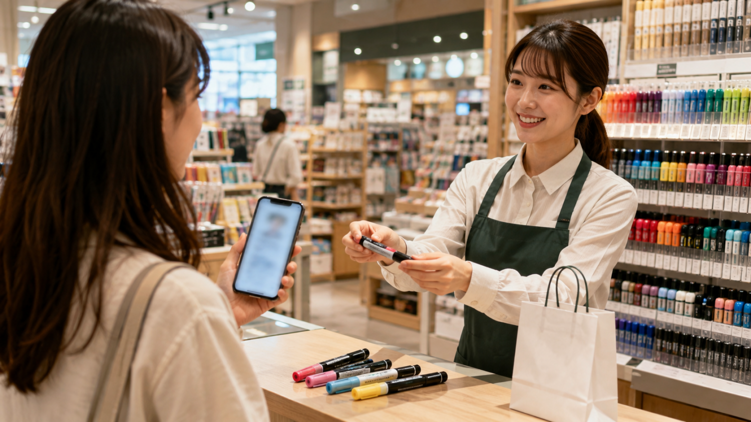 文房具店のカウンターで事前に在庫確認したポスカを受け取る買い物客