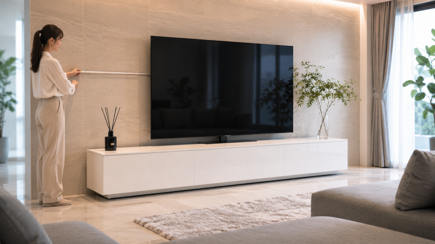 大型テレビの下に置かれた横幅の広い白いテレビボードと設置スペースを確認する人物